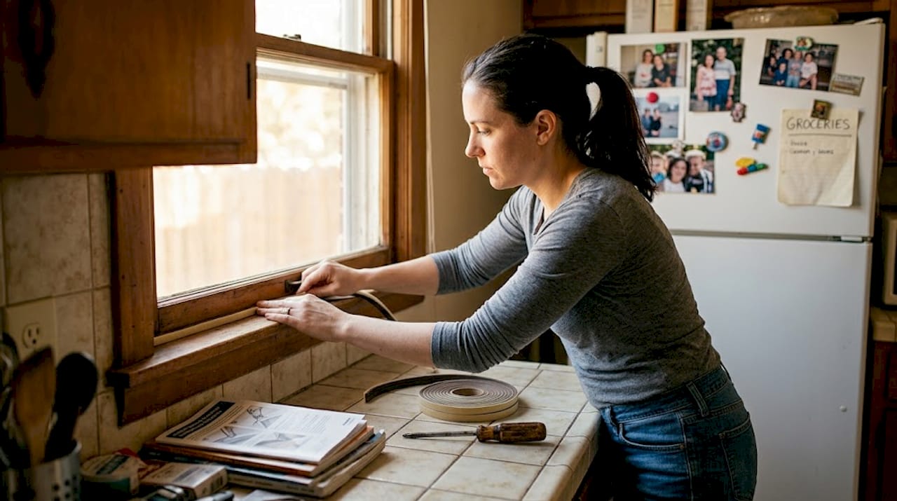 Applying weatherstripping to drafty window kitchen