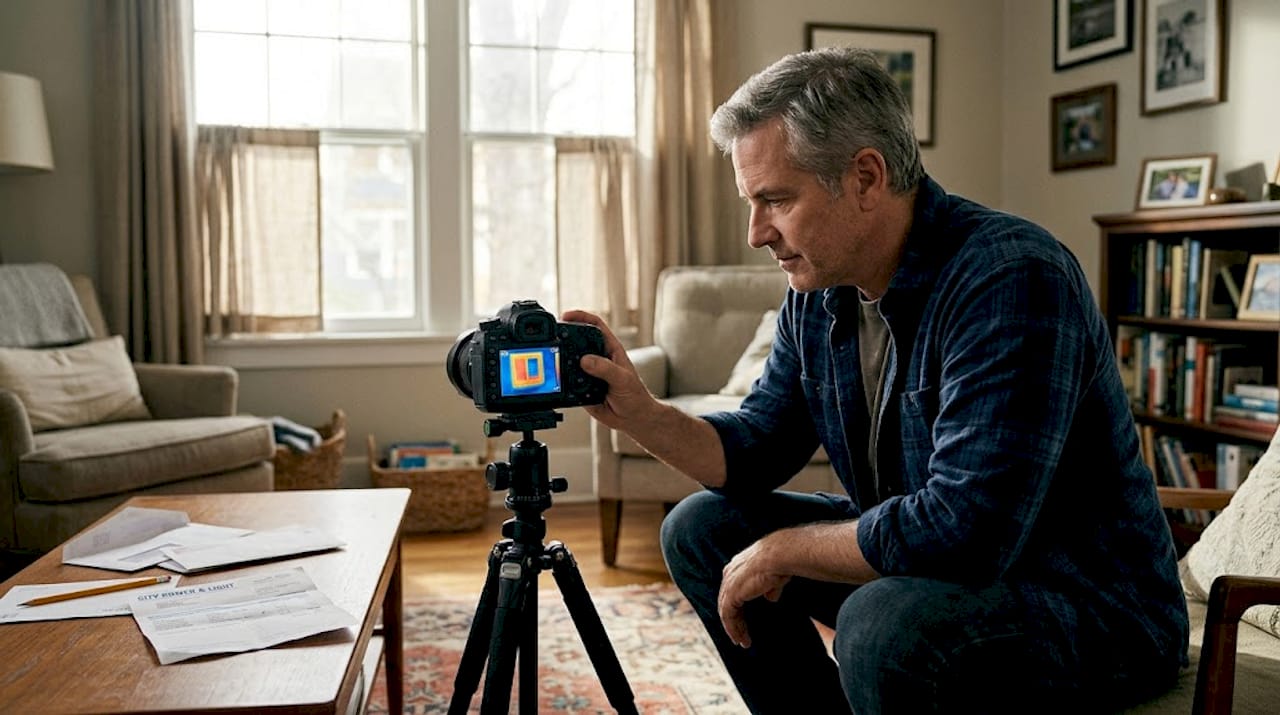 Homeowner checks energy usage with infrared camera