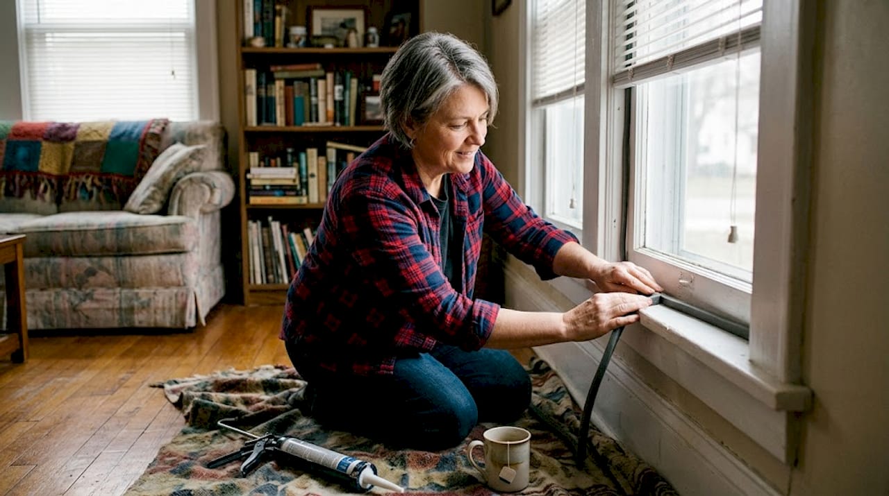 Homeowner sealing window for energy efficiency