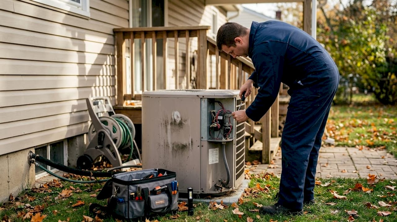 Technician installing outdoor heat pump unit