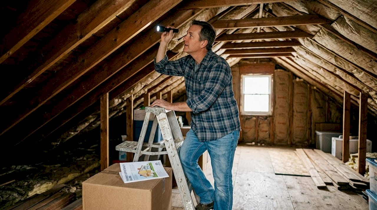 Homeowner inspecting attic insulation and roofing