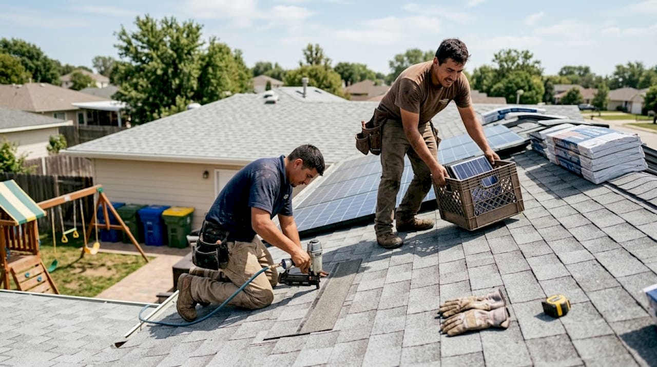 Roofing crew installing new shingles and solar panels