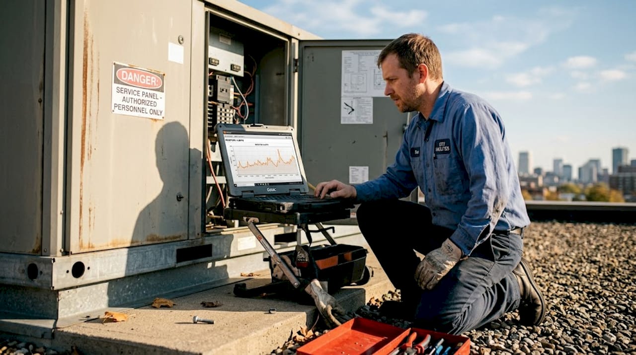 Technician checks smart roofing data onsite