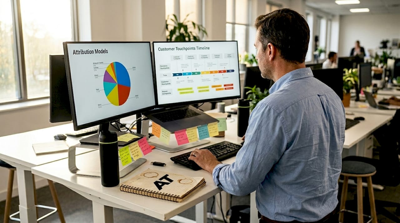 Professional analyzes attribution models at office desk
