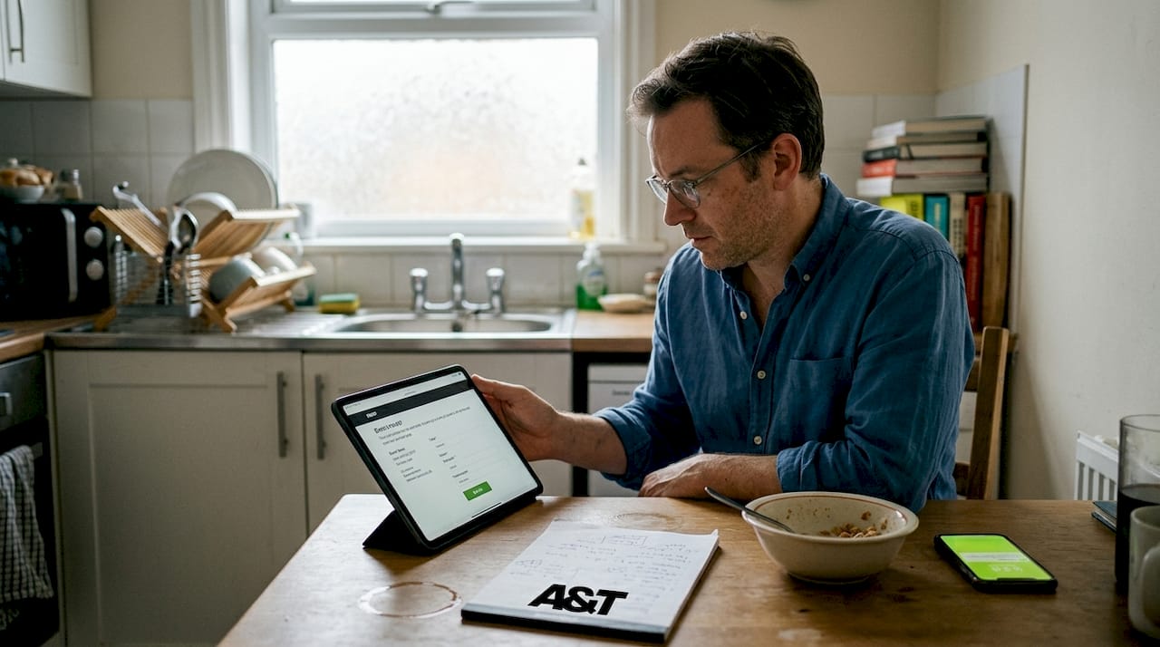 Man reviewing event landing page at home kitchen