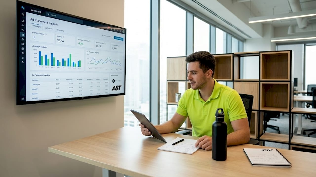 Marketer checks ad placement dashboard in office