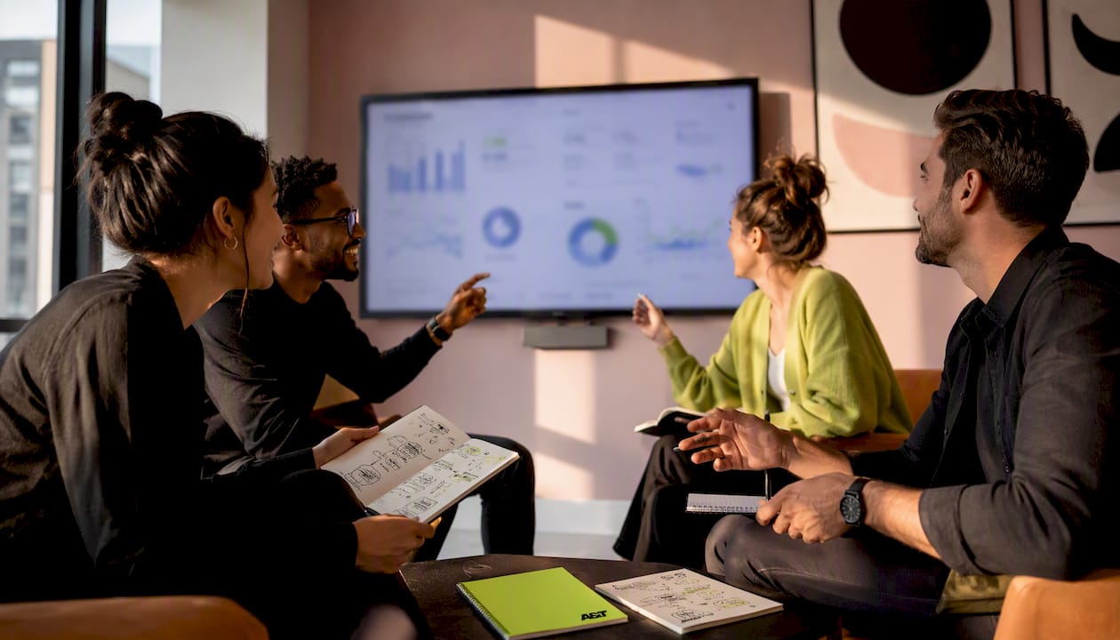 Marketing team discussing ROI data on digital screen