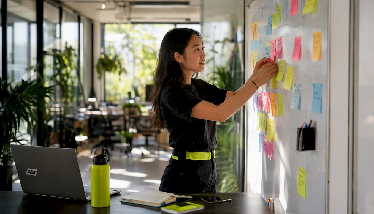 Hands arranging project sticky notes for ROI prioritization