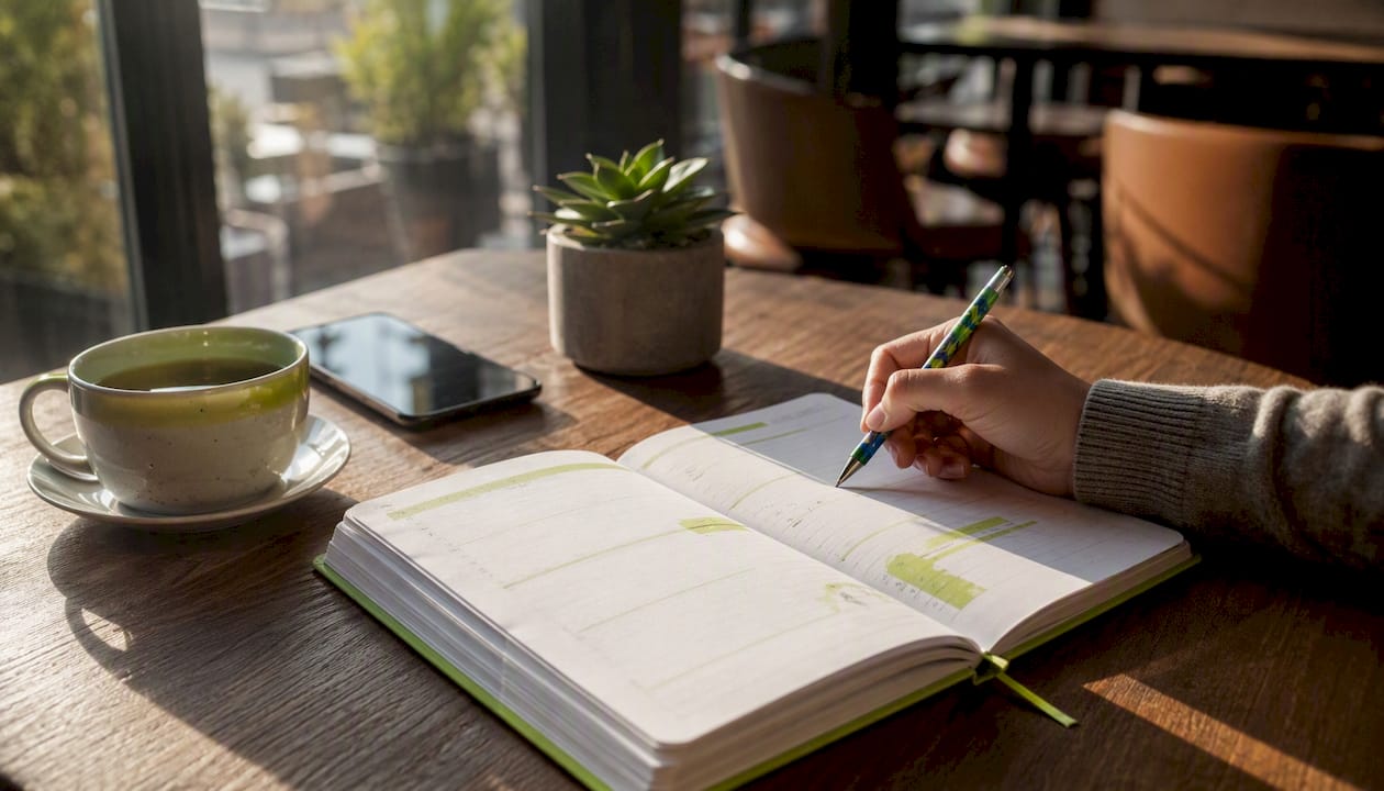 Planner with content calendar and hand writing