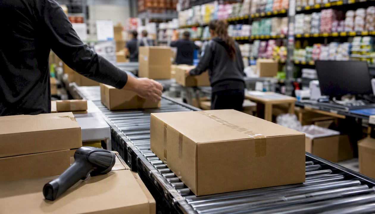Hands packing and scanning packages in warehouse