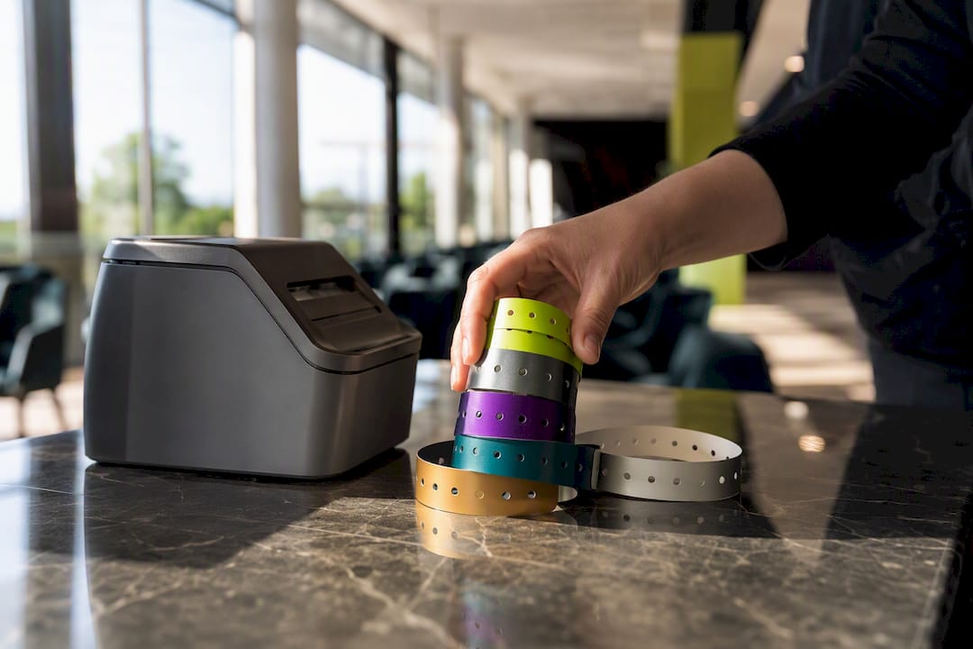 Hand placing wristbands on capped ticket boxes