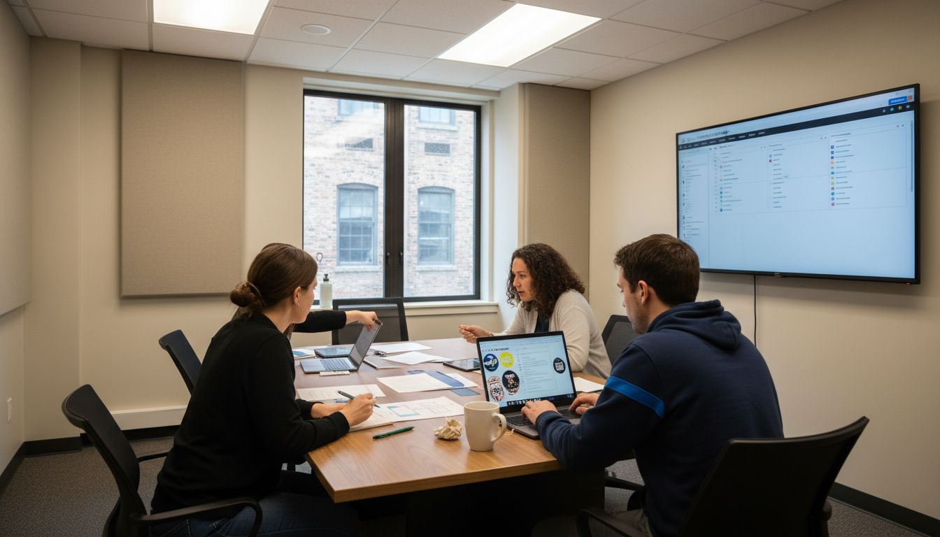 Team updating tasks on office meeting table