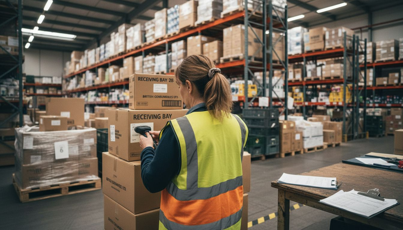 Warehouse manager scanning inventory