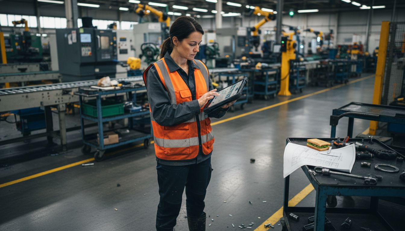 Manager using ERP dashboard in manufacturing plant