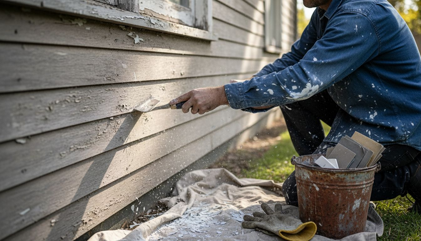 Painter prepping weathered home exterior wall