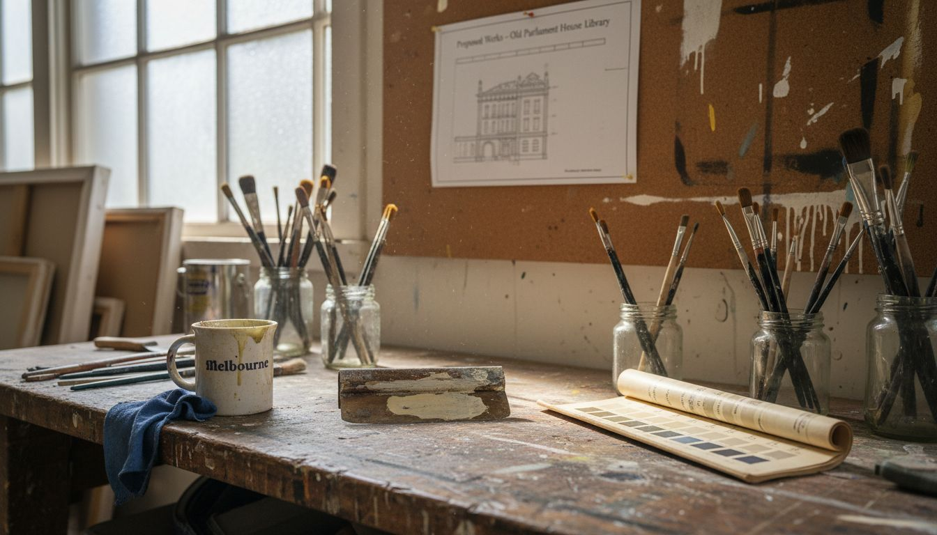 Workbench with heritage painting specialist tools