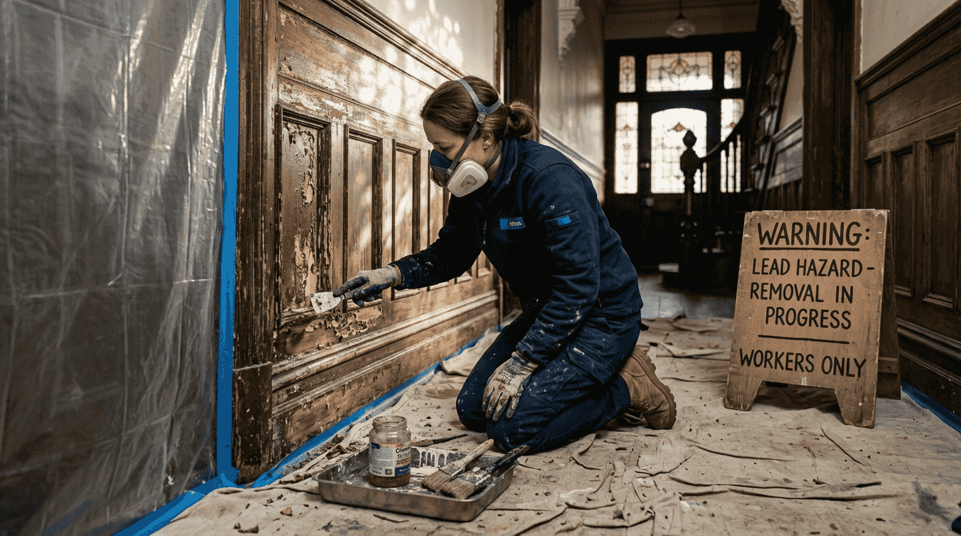 Worker stripping lead paint from old timber