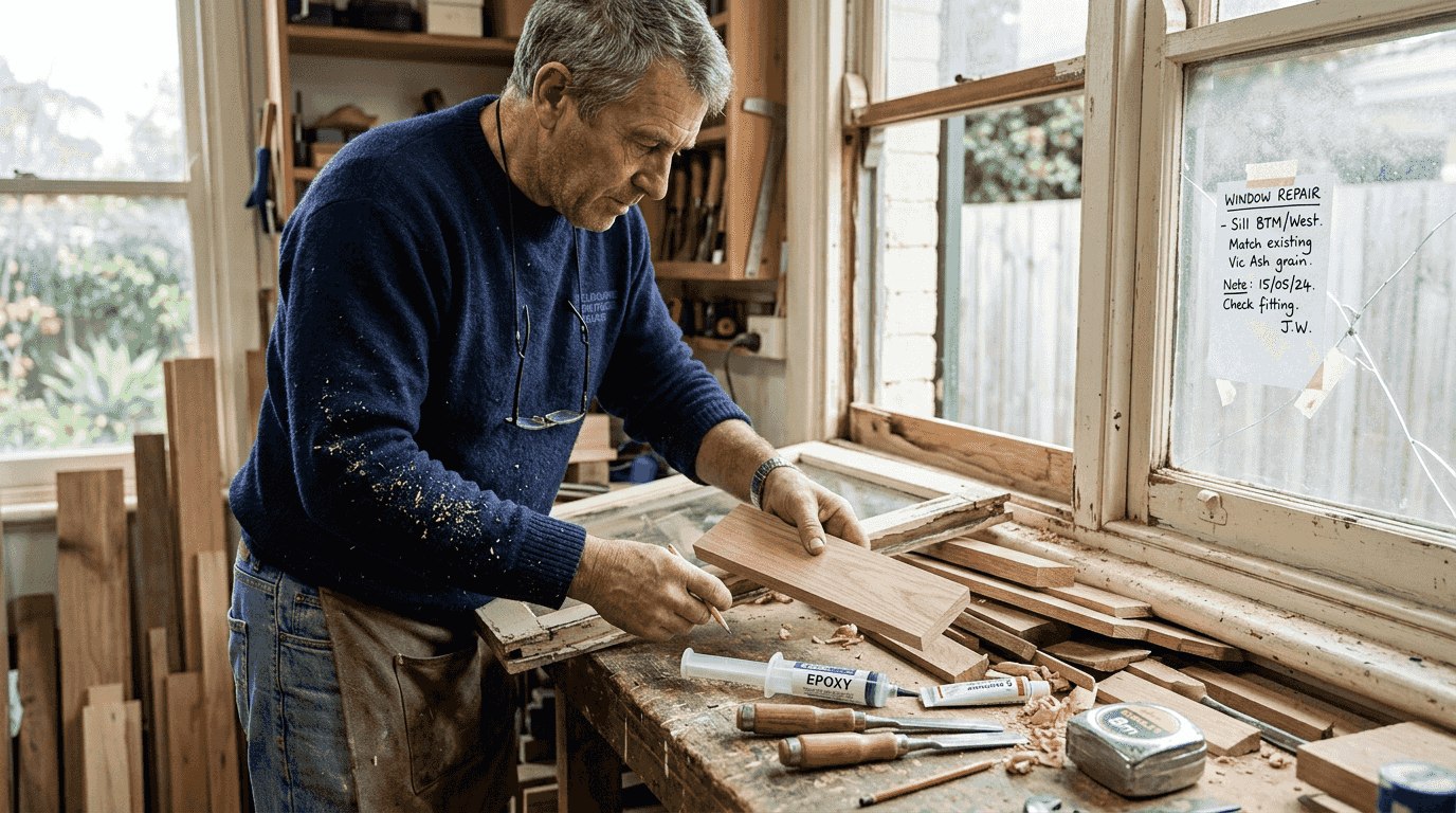 Restorer preparing timber for window repair