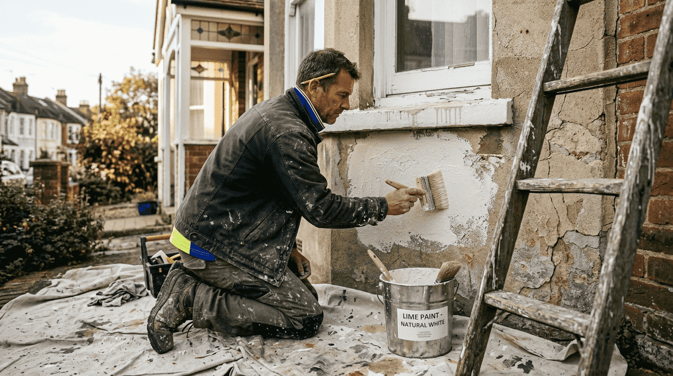 Builder applying lime paint to heritage wall