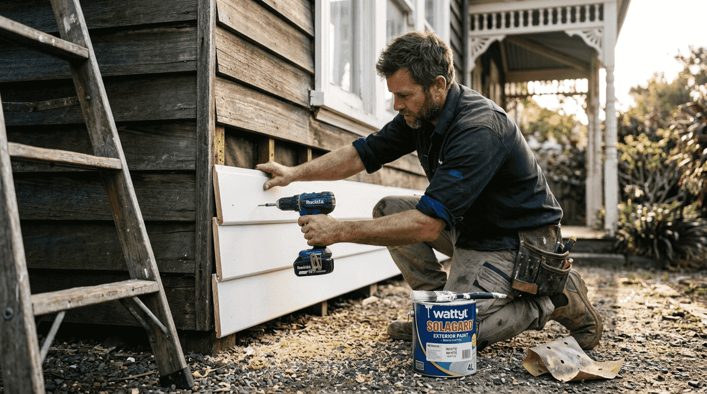 Carpenter installs new weatherboard on period house