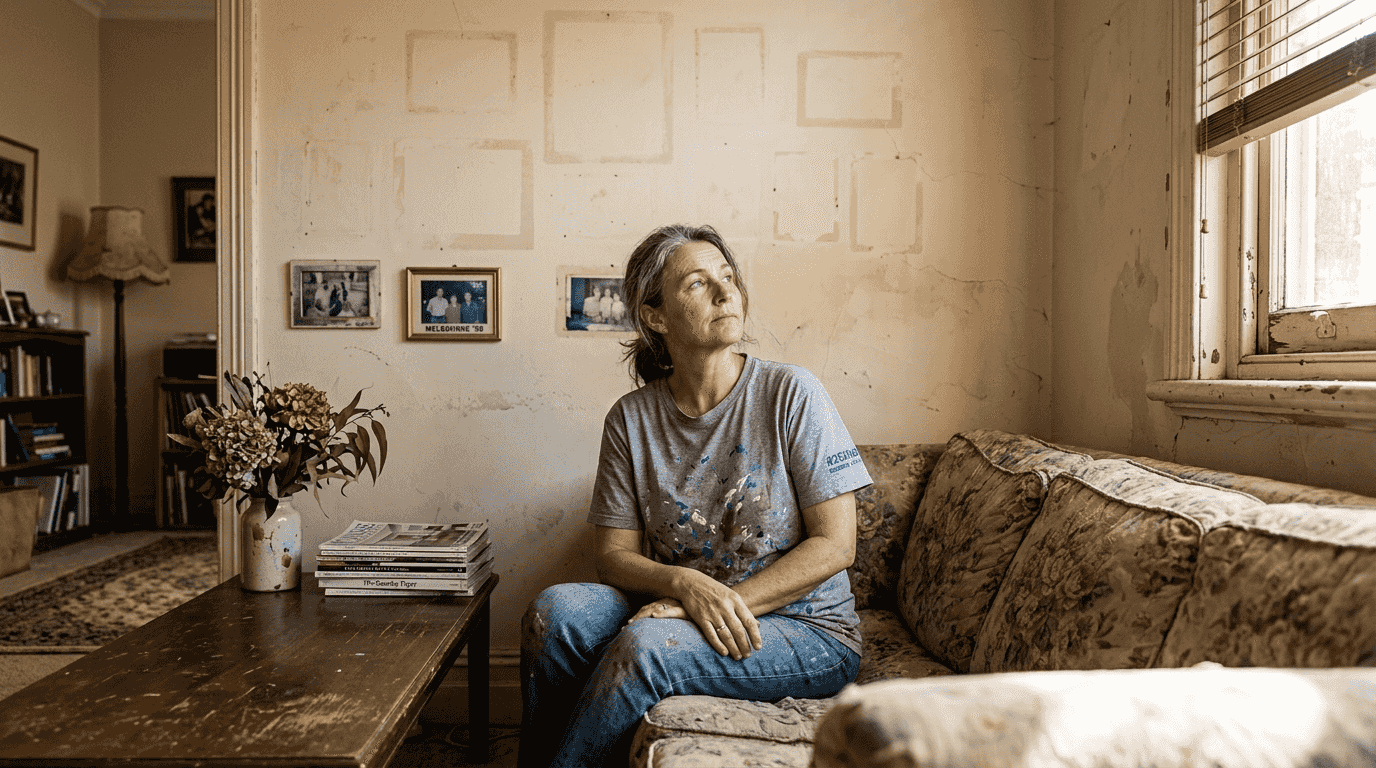 Faded paint and cracks in Melbourne living room