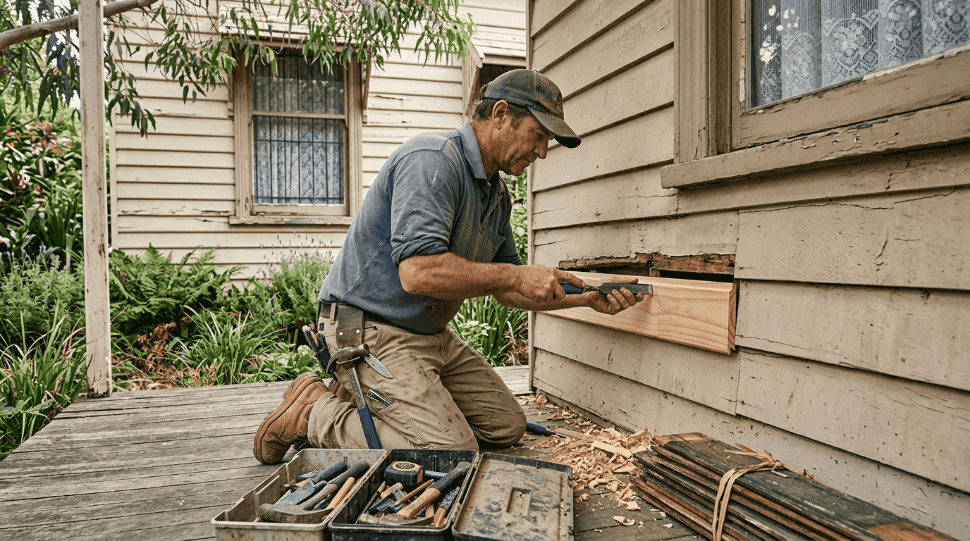 Repairing rotten timber on heritage house facade