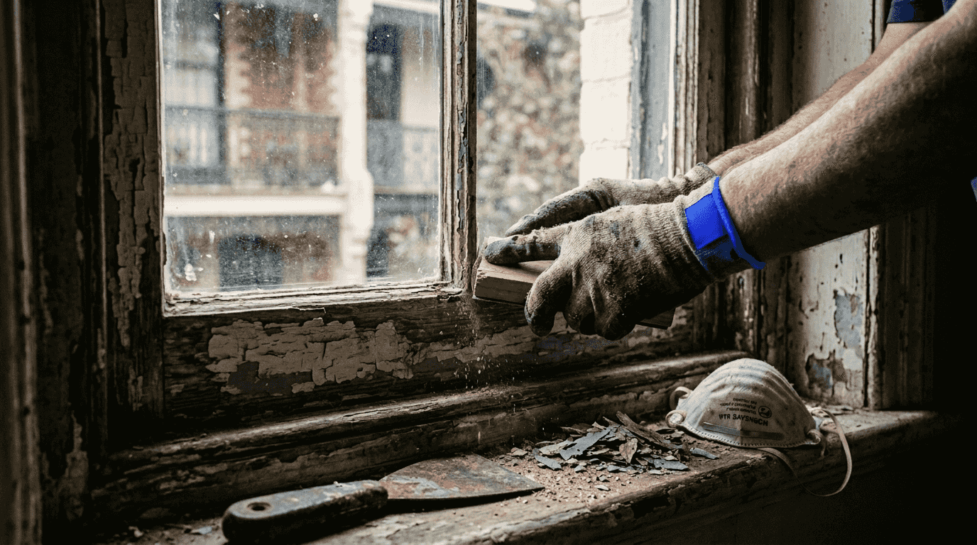 Detail of surface prep on old timber window