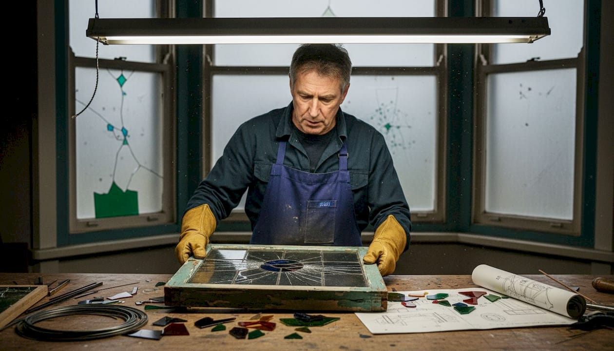 Artisan restoring leadlight window on workshop bench