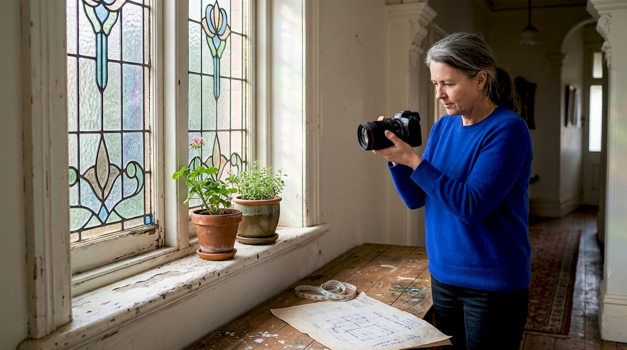 Homeowner photographing leadlight for assessment