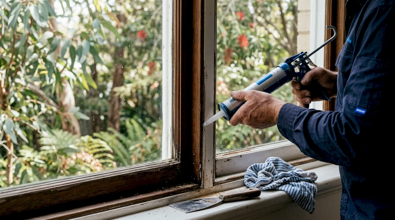 Carpenter sealing timber window joints detail
