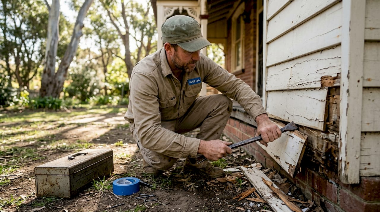 Contractor removing damaged weatherboard panel