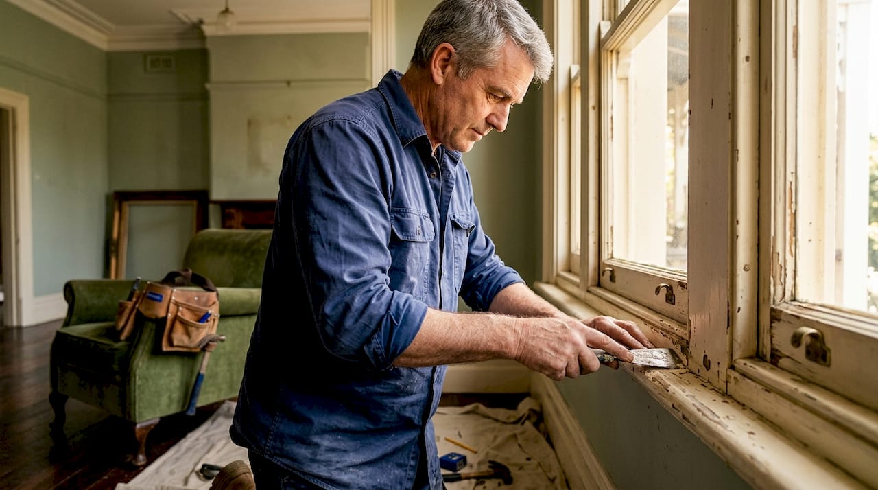 Restorer repairs heritage sash window interior