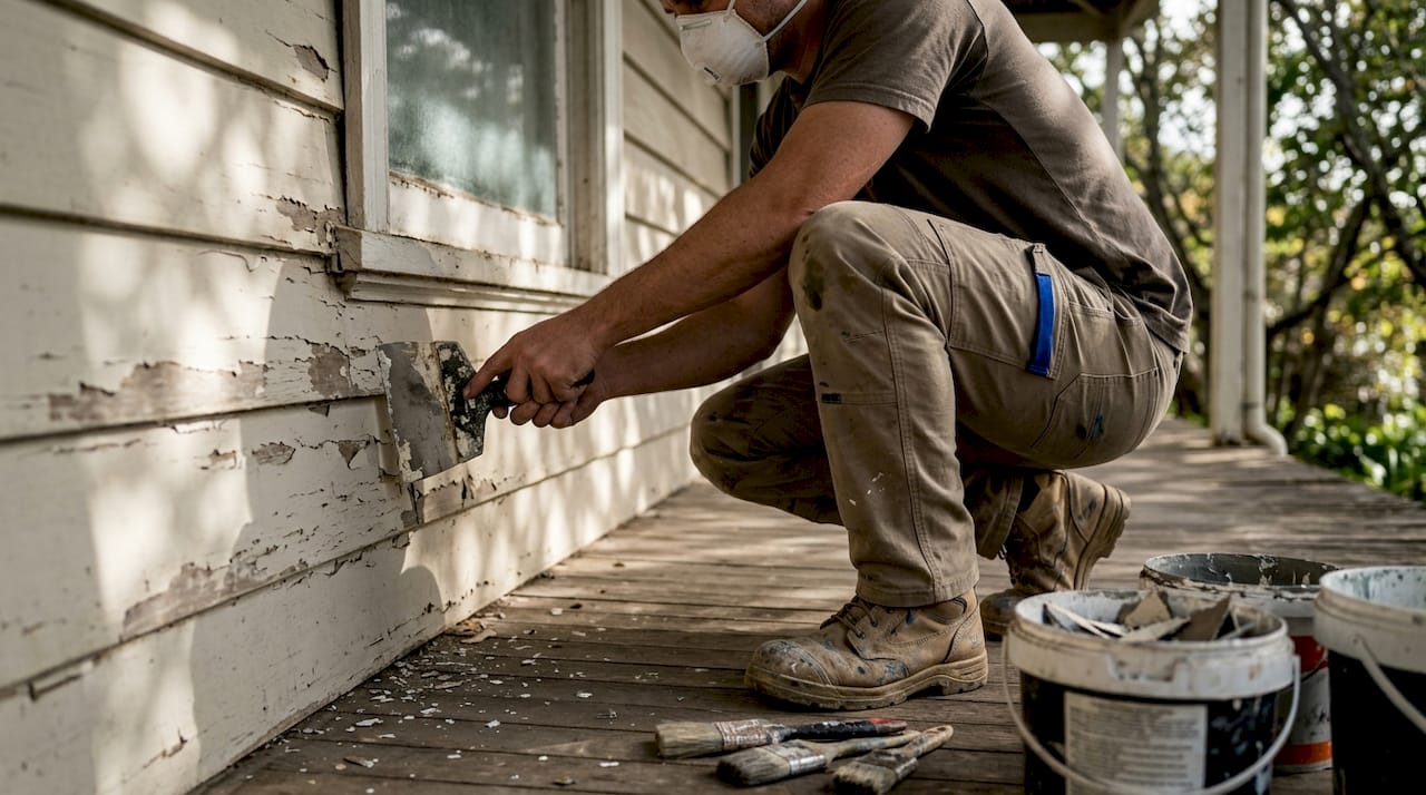 Worker preparing heritage weatherboard for painting