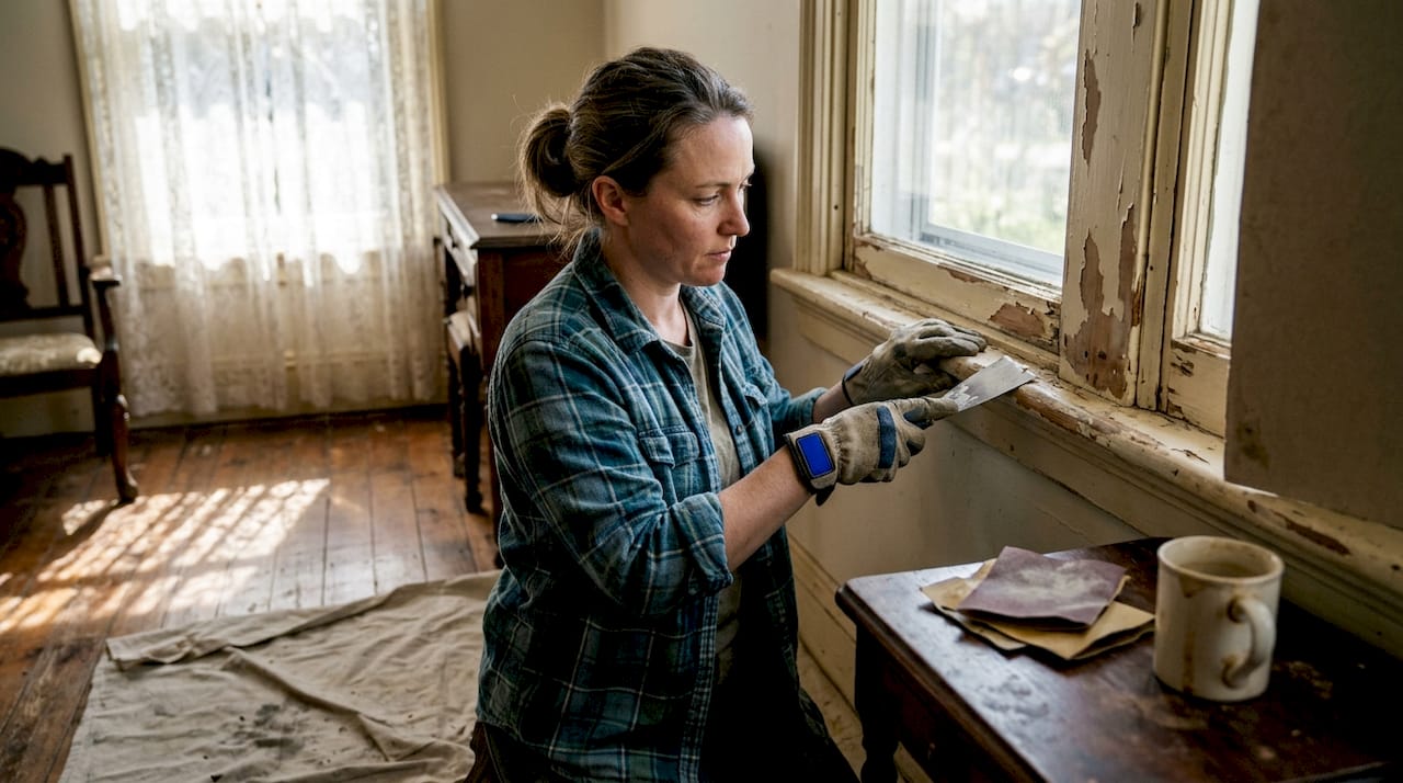 Restoration expert prepping window in heritage home