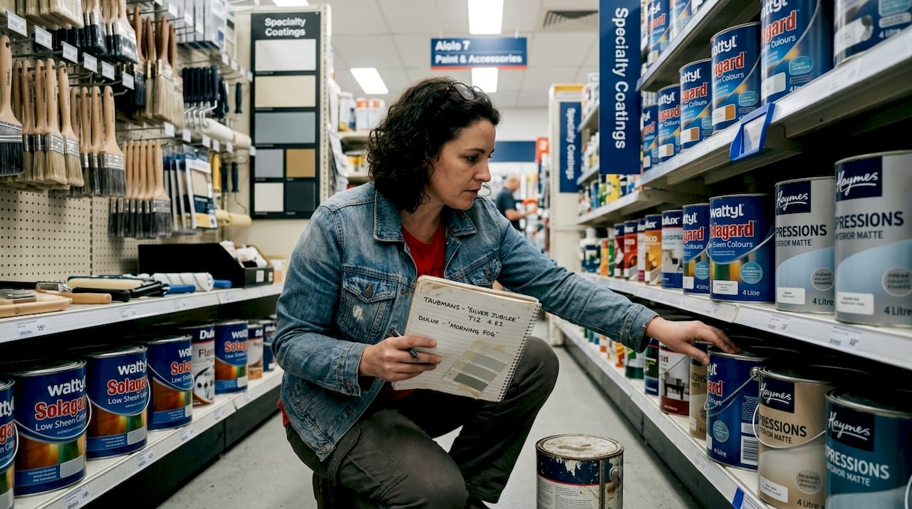 Woman choosing premium paint in hardware store