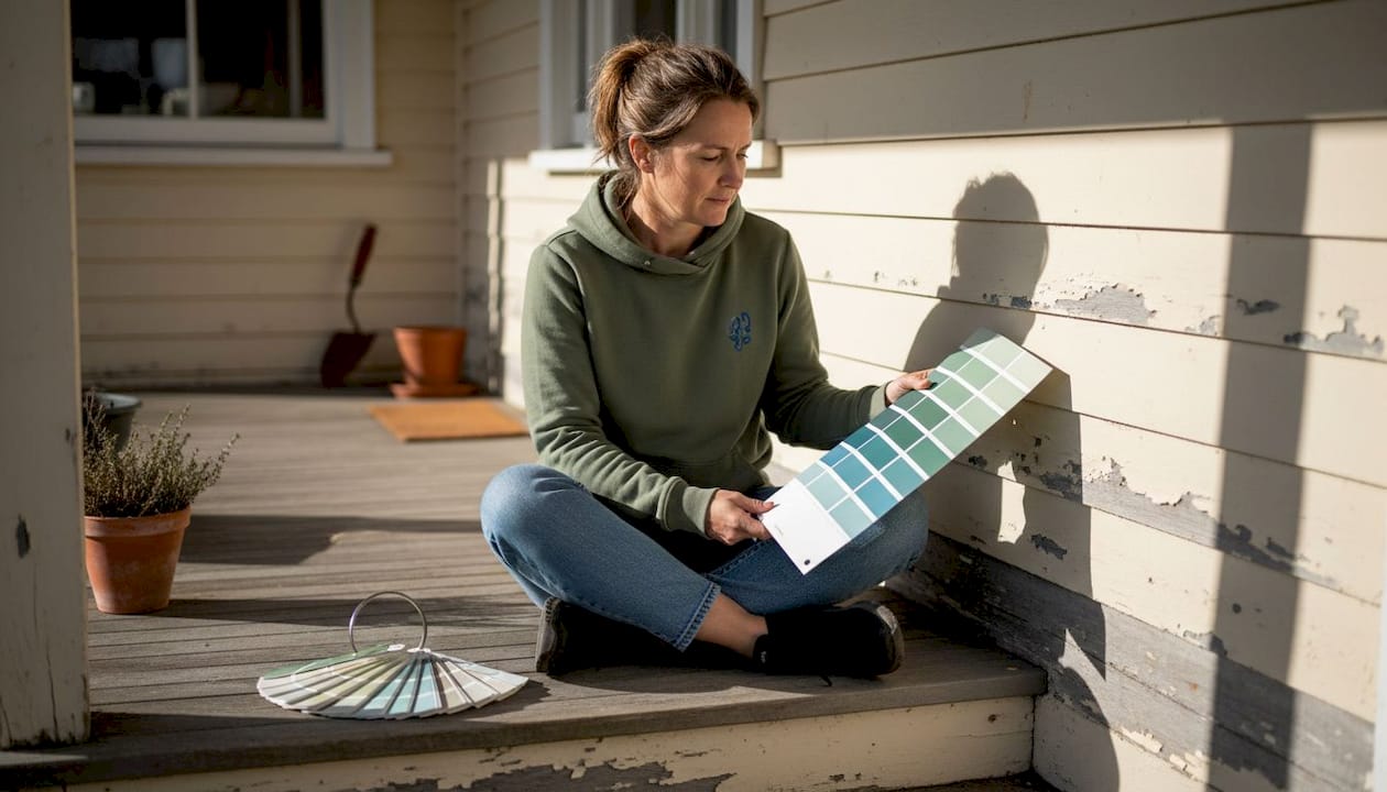 Woman checks paint swatches on heritage weatherboard
