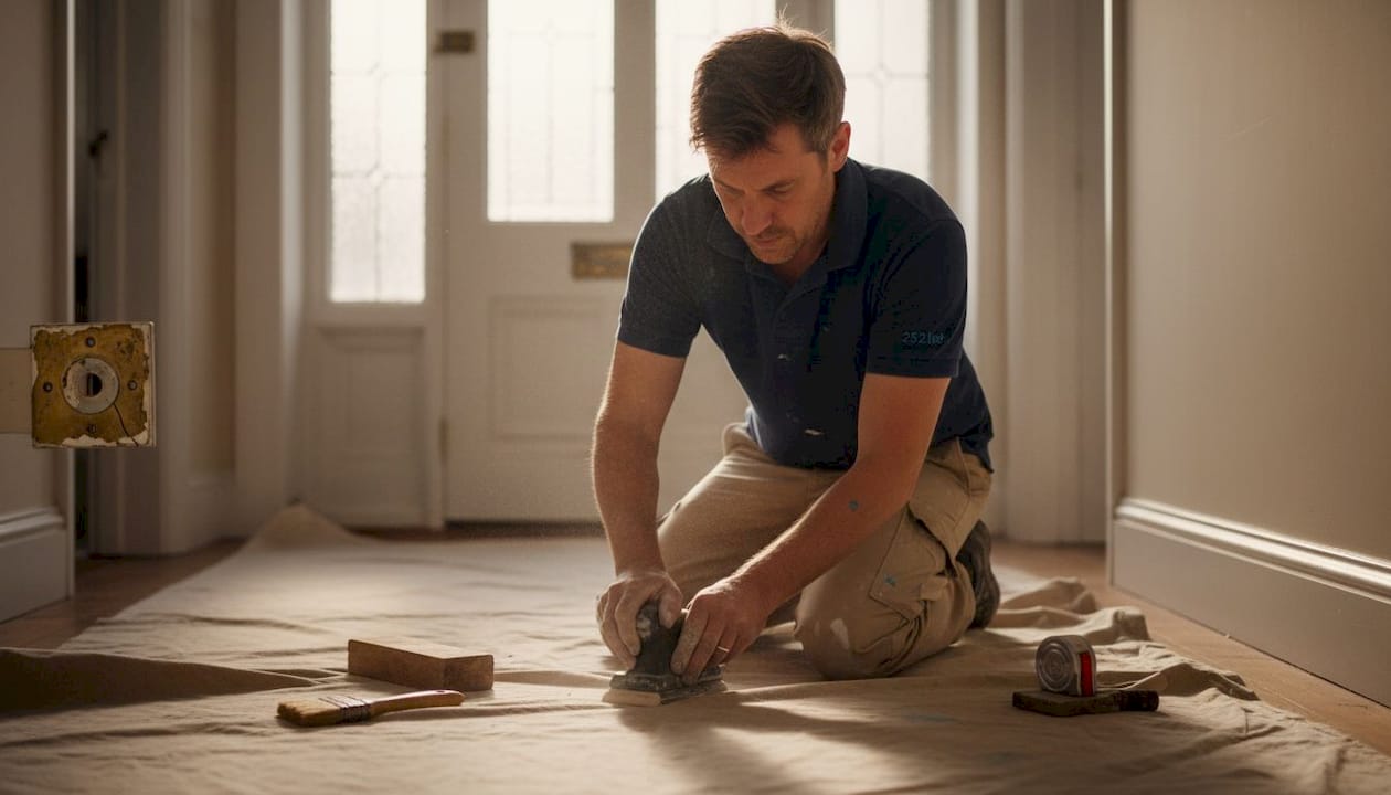 Tradesperson preparing ornate skirting board for painting