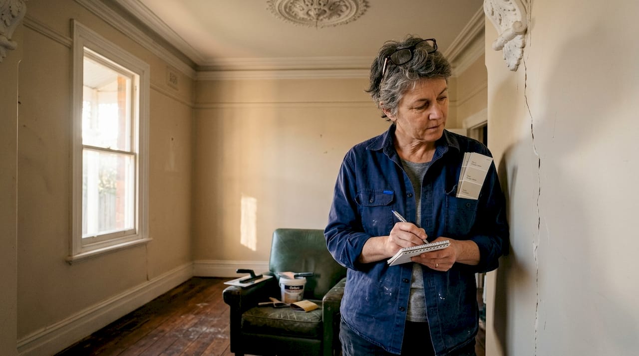 Inspecting cracked wall and ornate ceiling rose