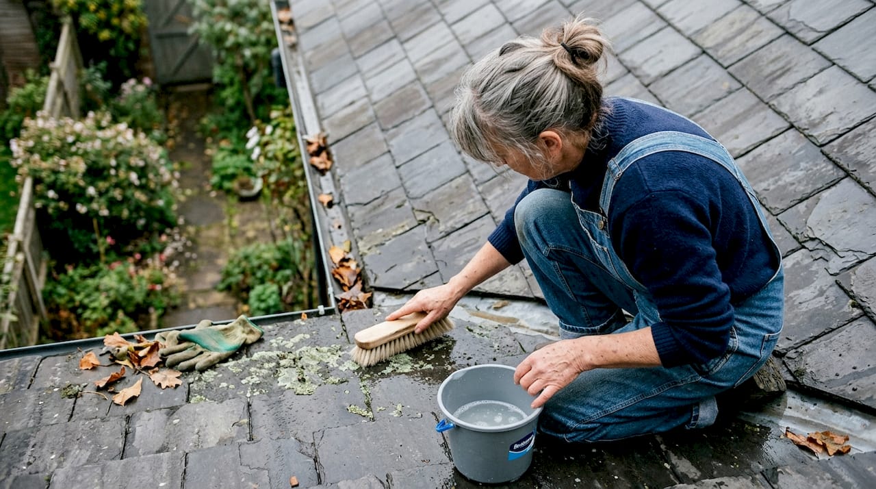 Homeowner gently scrubbing slate heritage roof