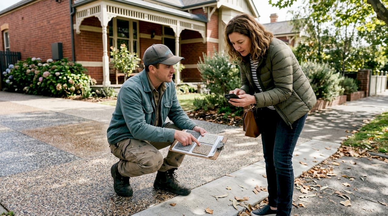 Contractor and client review decorative driveway