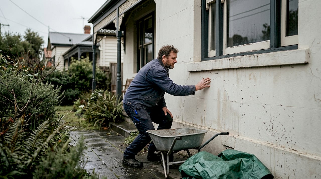 Inspecting heritage home wall after rain