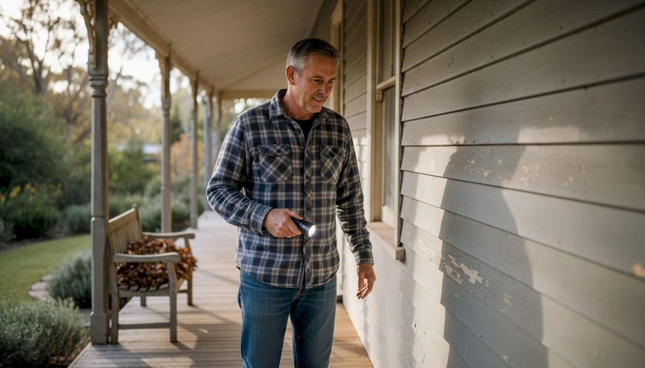 Homeowner examining paint on heritage house