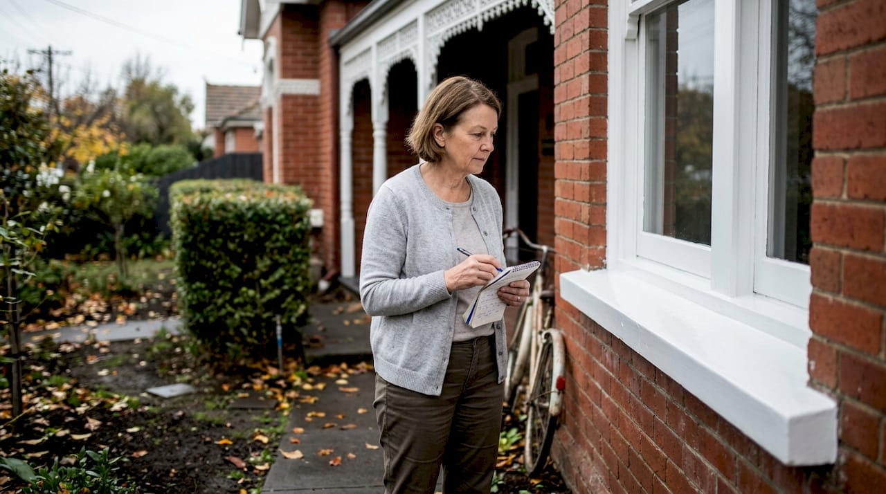 Woman inspecting paint on Melbourne heritage home
