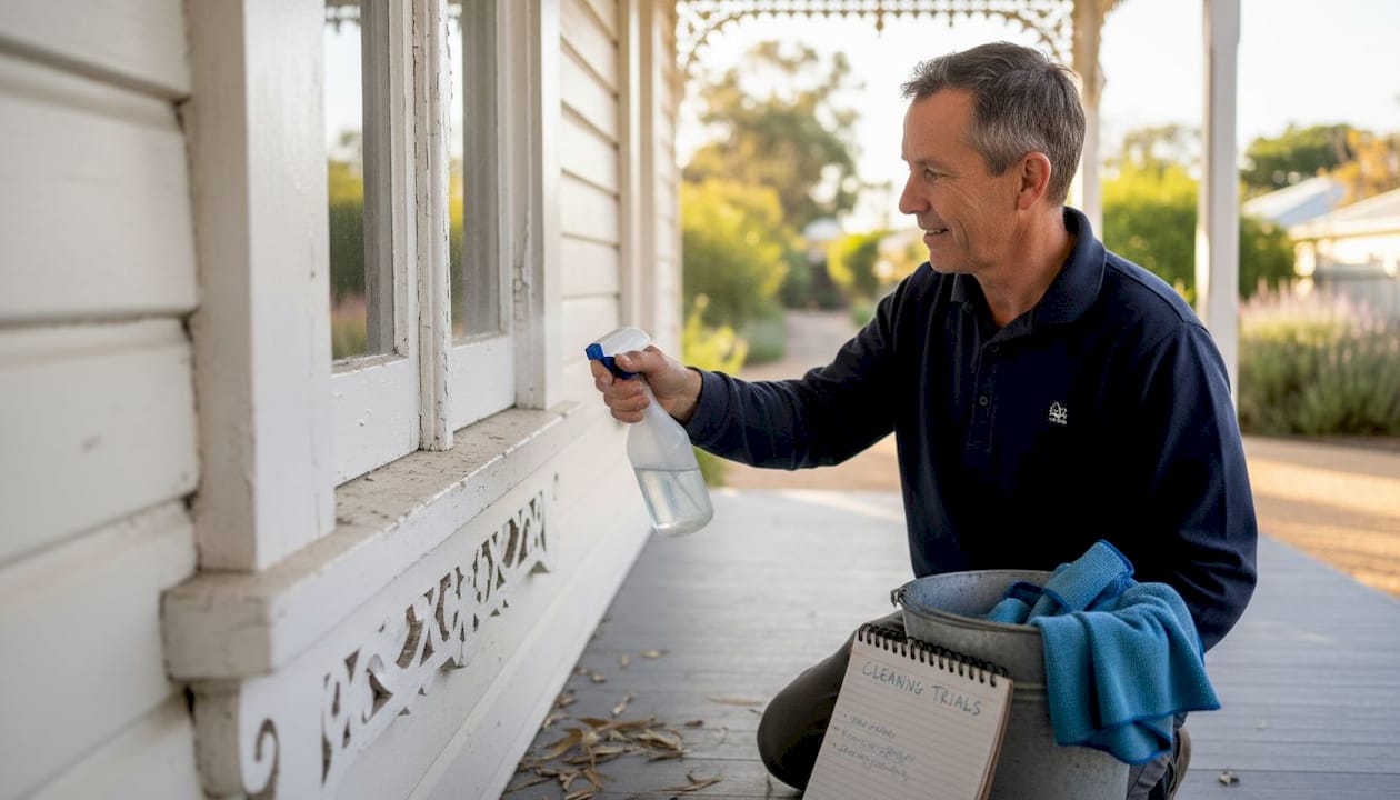 Man cleaning ornate heritage window exterior