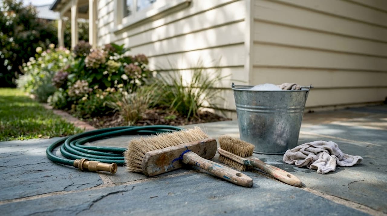 Natural bristle brushes and garden hose for cleaning