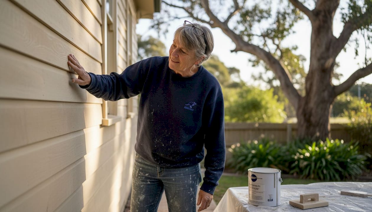 Homeowner inspecting sanded weatherboard siding