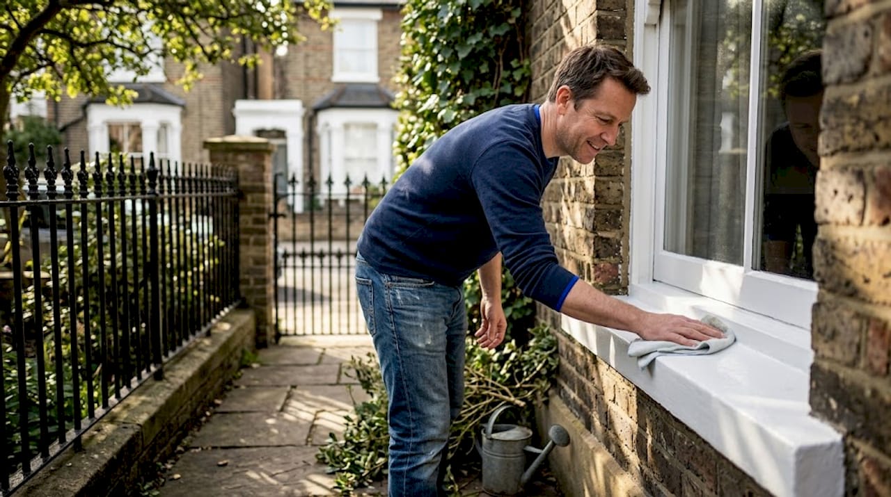 Homeowner caring for painted window sill