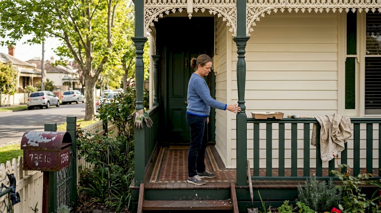 Homeowner assessing eco-friendly painted heritage exterior