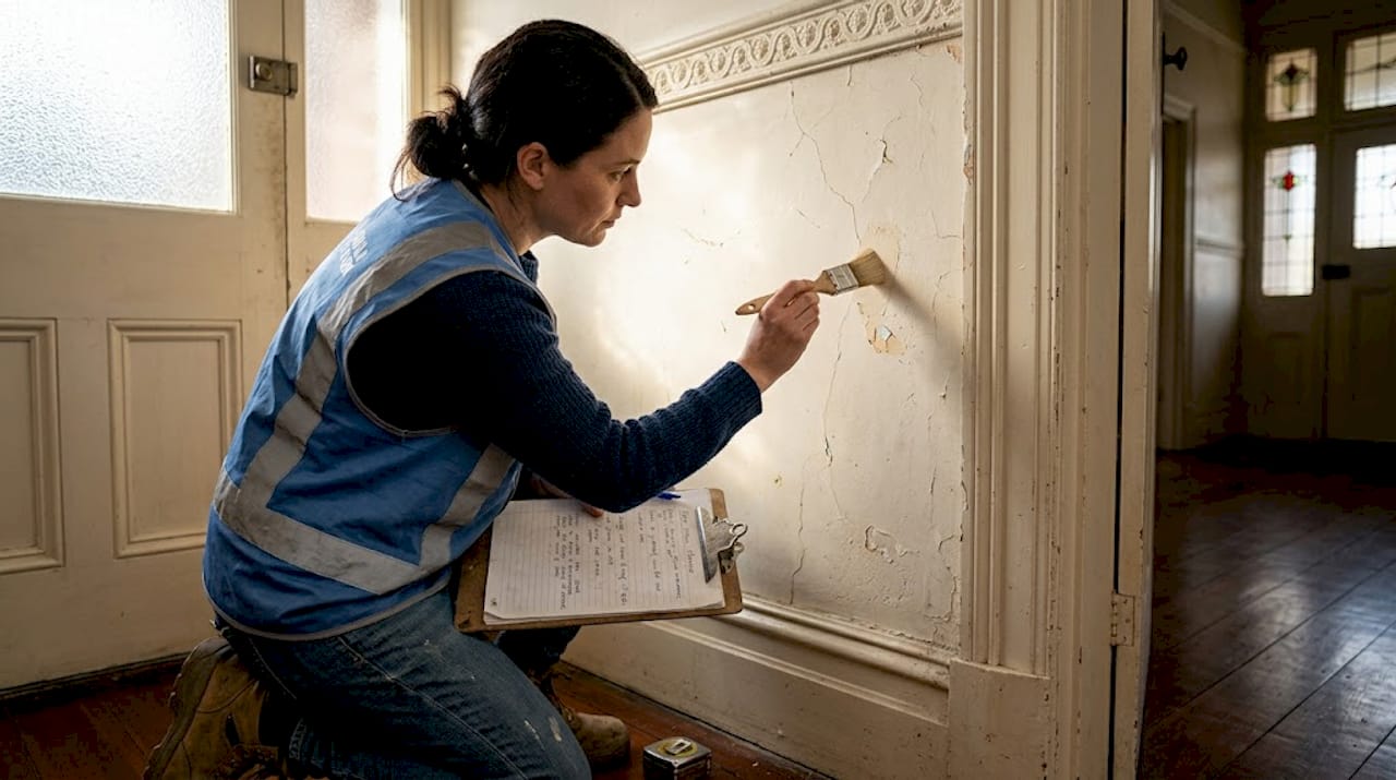 Specialist testing paint on Edwardian hallway wall