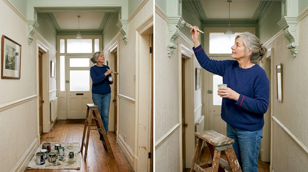 Woman painting decorative cornice in Edwardian hallway